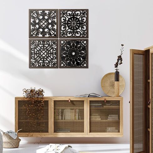 Tatuo 4 PCS Wood Art Wall Decor Farmhouse Displative Wood Decord Decord Wall Decoring لغرفة المعيشة غرفة الطعام المطبخ (مربع ، بني غامق ، أسود) in Kuwait