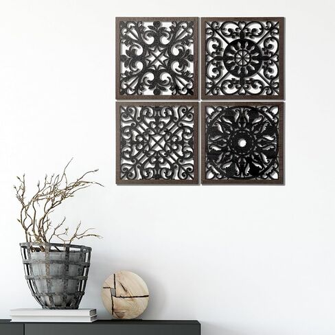 Tatuo 4 PCS Wood Art Wall Decor Farmhouse Displative Wood Decord Decord Wall Decoring لغرفة المعيشة غرفة الطعام المطبخ (مربع ، بني غامق ، أسود) in Kuwait