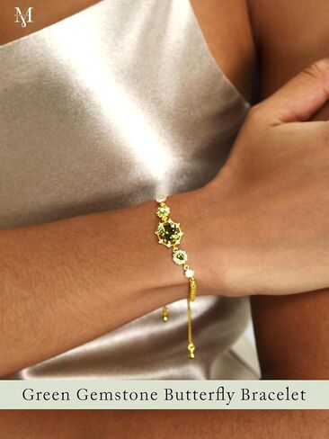 14K Gold Plated Bracelet for Women Dainty Green Gemstone Cubic Zirconia Bracelet Birthstone Jewelry Adjustable Chain Non Tarnish in Saudi Arabia