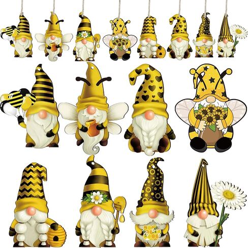 Kathfly 40 Pieces Sunflower Gnome Wooden Ornament Honeybee Hanging Wooden Pendant Spring Summer Wood Sunflower Tree Decorations Yellow Flower Bee Gnome with Hat Handing Tag with Burlap Rope for Decor in Saudi Arabia