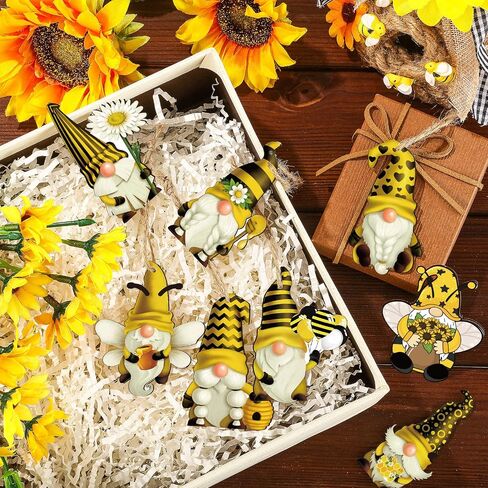 Kathfly 40 Pieces Sunflower Gnome Wooden Ornament Honeybee Hanging Wooden Pendant Spring Summer Wood Sunflower Tree Decorations Yellow Flower Bee Gnome with Hat Handing Tag with Burlap Rope for Decor in Saudi Arabia