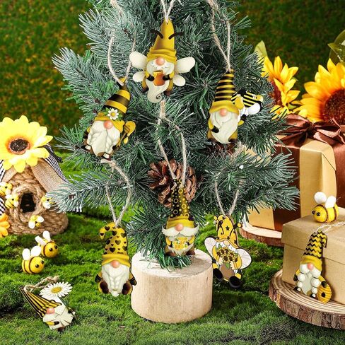 Kathfly 40 Pieces Sunflower Gnome Wooden Ornament Honeybee Hanging Wooden Pendant Spring Summer Wood Sunflower Tree Decorations Yellow Flower Bee Gnome with Hat Handing Tag with Burlap Rope for Decor in Saudi Arabia