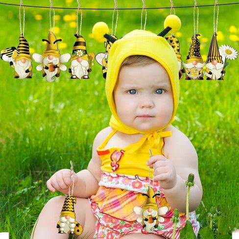 Kathfly 40 Pieces Sunflower Gnome Wooden Ornament Honeybee Hanging Wooden Pendant Spring Summer Wood Sunflower Tree Decorations Yellow Flower Bee Gnome with Hat Handing Tag with Burlap Rope for Decor in Saudi Arabia