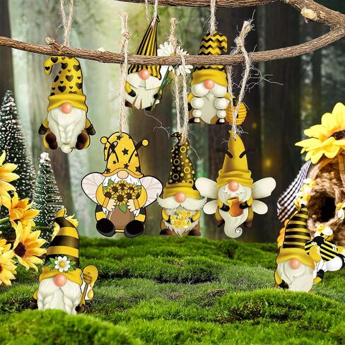 Kathfly 40 Pieces Sunflower Gnome Wooden Ornament Honeybee Hanging Wooden Pendant Spring Summer Wood Sunflower Tree Decorations Yellow Flower Bee Gnome with Hat Handing Tag with Burlap Rope for Decor in Saudi Arabia