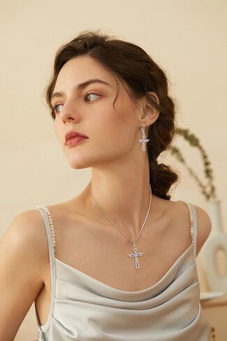 Jo Wisdom Guardian Angel Wings Cross أقراط 925 Sterling Silver Zirconia Heart Strest arics مجوهرات للنساء in Kuwait