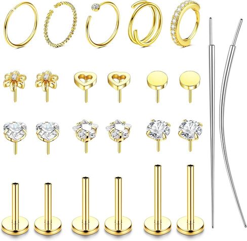 Threadless Nose Rings Studs For Women Men Hypoallergenic Surgical Steel CZ Nose Rings Hoops 14K Gold Plated Push in Flat Back Cartilage Earrings Conch Helix Tragus Nose Piercing Jewelry in Saudi Arabia