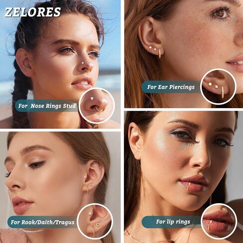 Threadless Nose Rings Studs For Women Men Hypoallergenic Surgical Steel CZ Nose Rings Hoops 14K Gold Plated Push in Flat Back Cartilage Earrings Conch Helix Tragus Nose Piercing Jewelry in Saudi Arabia