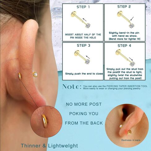 Threadless Nose Rings Studs For Women Men Hypoallergenic Surgical Steel CZ Nose Rings Hoops 14K Gold Plated Push in Flat Back Cartilage Earrings Conch Helix Tragus Nose Piercing Jewelry in Saudi Arabia