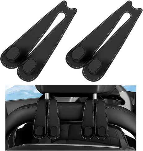 2PCS Car Seat Hooks for Headrest, Leather Vehicle Seat Back Organization Hanger for Purses Bags, Automotive Interior Head Rest Storage Organizer Accessories, Universal Fit (Black, 2PCS) in Saudi Arabia