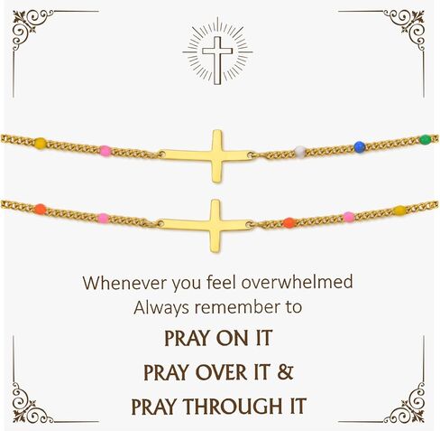 Gold Cross Bracelet for Women - 14k Gold Plated 2PCS Cross Bracelet Set,Dainty Non Tarnish Golden Christian Prayer Jewelry,Inspirational Religious Confirmation Baptism Faith Gift for Sister Friend Mom in Kuwait