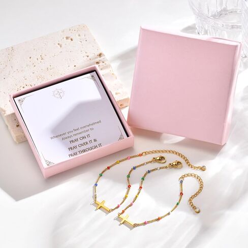 Gold Cross Bracelet for Women - 14k Gold Plated 2PCS Cross Bracelet Set,Dainty Non Tarnish Golden Christian Prayer Jewelry,Inspirational Religious Confirmation Baptism Faith Gift for Sister Friend Mom in Kuwait