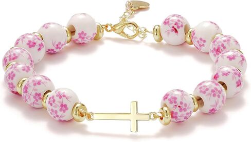 Cross Bracelet for Women,Jesus Christian Gifts Gold Beaded Dainty Link Chain Bracelet Flower Ceramic Bracelet Heart Vintage Jewelry in Saudi Arabia