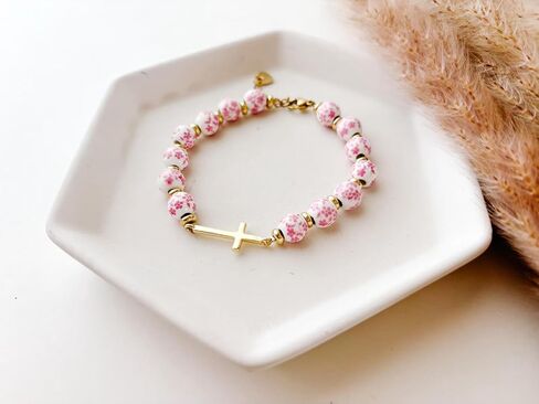 Cross Bracelet for Women,Jesus Christian Gifts Gold Beaded Dainty Link Chain Bracelet Flower Ceramic Bracelet Heart Vintage Jewelry in Saudi Arabia