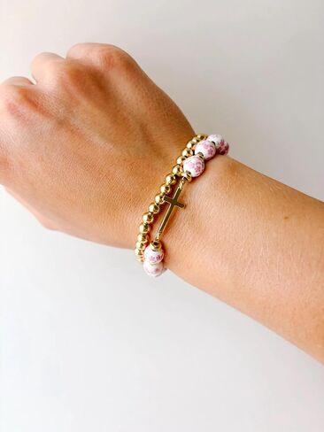 Cross Bracelet for Women,Jesus Christian Gifts Gold Beaded Dainty Link Chain Bracelet Flower Ceramic Bracelet Heart Vintage Jewelry in Saudi Arabia