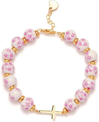 Cross Bracelet for Women,Jesus Christian Gifts Gold Beaded Dainty Link Chain Bracelet Flower Ceramic Bracelet Heart Vintage Jewelry in Saudi Arabia