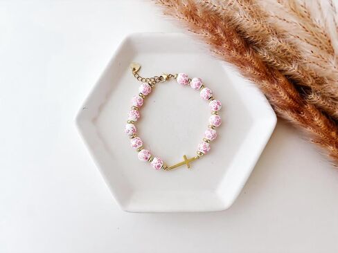 Cross Bracelet for Women,Jesus Christian Gifts Gold Beaded Dainty Link Chain Bracelet Flower Ceramic Bracelet Heart Vintage Jewelry in Saudi Arabia
