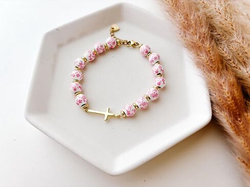 Cross Bracelet for Women,Jesus Christian Gifts Gold Beaded Dainty Link Chain Bracelet Flower Ceramic Bracelet Heart Vintage Jewelry in Saudi Arabia