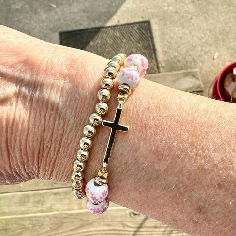 Cross Bracelet for Women,Jesus Christian Gifts Gold Beaded Dainty Link Chain Bracelet Flower Ceramic Bracelet Heart Vintage Jewelry in Saudi Arabia