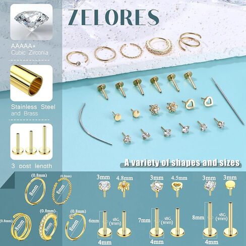 Threadless Nose Rings Studs For Women Men Hypoallergenic Surgical Steel CZ Nose Rings Hoops 14K Gold Plated Push in Flat Back Cartilage Earrings Conch Helix Tragus Nose Piercing Jewelry in Saudi Arabia