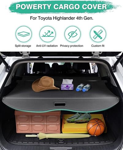 Powerty Cargo Cover for 2020-2025 Toyota Highlander Accessories, Carbon Fiber Texture Retractable Rear Trunk Cargo Luggage Cover Security Shield Shade in Saudi Arabia