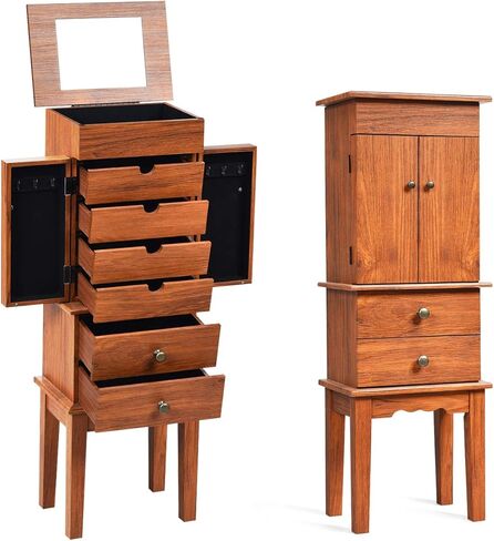 CHARMAID Standing Jewelry Armoire Cabinet Jewelry Boxes, Top Flip Makeup Mirror & 6 Drawers, 2 Side Doors, 6 Necklace Hooks, Large Top Storage Compartments Jewelry Cabinet (Honey) in Saudi Arabia