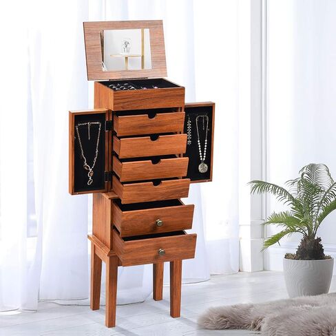 CHARMAID Standing Jewelry Armoire Cabinet Jewelry Boxes, Top Flip Makeup Mirror & 6 Drawers, 2 Side Doors, 6 Necklace Hooks, Large Top Storage Compartments Jewelry Cabinet (Honey) in Saudi Arabia