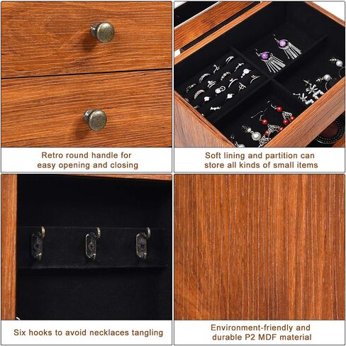 CHARMAID Standing Jewelry Armoire Cabinet Jewelry Boxes, Top Flip Makeup Mirror & 6 Drawers, 2 Side Doors, 6 Necklace Hooks, Large Top Storage Compartments Jewelry Cabinet (Honey) in Saudi Arabia