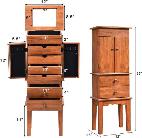 CHARMAID Standing Jewelry Armoire Cabinet Jewelry Boxes, Top Flip Makeup Mirror & 6 Drawers, 2 Side Doors, 6 Necklace Hooks, Large Top Storage Compartments Jewelry Cabinet (Honey) in Saudi Arabia