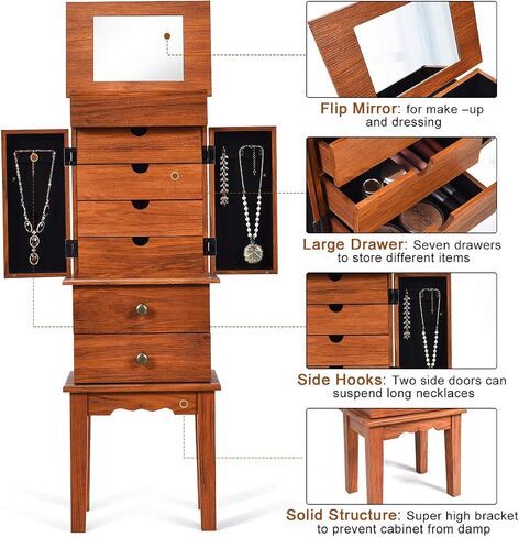 CHARMAID Standing Jewelry Armoire Cabinet Jewelry Boxes, Top Flip Makeup Mirror & 6 Drawers, 2 Side Doors, 6 Necklace Hooks, Large Top Storage Compartments Jewelry Cabinet (Honey) in Saudi Arabia