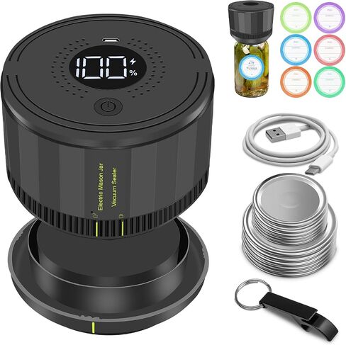 Auto Stop Electric Mason Jar Vacuum Sealer, Mason Genie Vacuum Sealer Kit for Wide Mouth and Regular Mouth Mason Jars with Food Storage Labels for Freshness and Preservation in Saudi Arabia