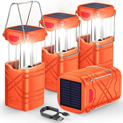 LETMY 4 Pack Camping Lantern, Rechargeable LED Lanterns, Solar Lantern Battery Powered Hurricane Lantern Flashlights with 3 Powered Ways & USB Cable for Emergency, Power Outage, Hurricane Supplies in Saudi Arabia