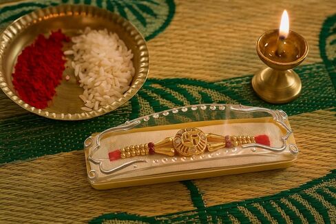 Rakhi for Brother - مجموعة هدايا صليب معقدة يدويًا | Bhaiya Bhabhi التقليدية Kundan Floral Rakhee ، الخيط الأحمر مطرز ، بيرل آند ستون تزيين | راكشاباندهان سوار أخت أخي in Saudi Arabia