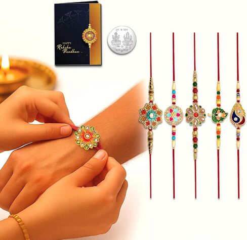 Periapt Golden Rakhi Thread Bracelets for Brother – Traditional Indian Festival Bands for Raksha Bandhan, Handmade Ethnic Rakhi Combo with Decorative Packaging in Saudi Arabia