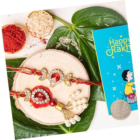 Bhaiya Bhabhi Rakhis Set with Roli Chawal Pack and greeting - Rakhi for Brother, Bhaiya, Bhai - Lumba Rakhi for Bhabhi, Sister in Saudi Arabia