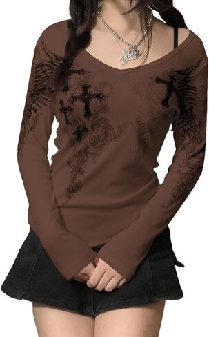 Women Vintage Fairy Grunge Y2K Long Sleeve Shirt Skull Graphic Printed Gothic Tee Tops Aesthetic Harajuku Tops in Saudi Arabia