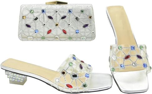 Women's Clear Heels Open Toe Wedding Shoes with Rhinestones Matching Handbag Set in Saudi Arabia