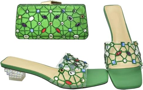 Women's Clear Heels Open Toe Wedding Shoes with Rhinestones Matching Handbag Set in Saudi Arabia