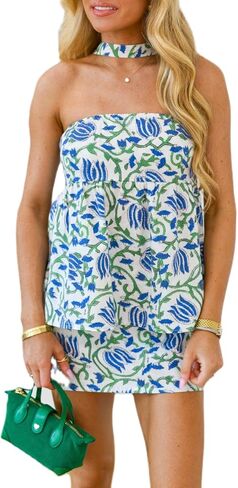 Women Y2k Mini Skirt Set Boho Floral Print Tube Top Bodycon Short Skirt 2 Piece Summer Beach Outfits in Kuwait