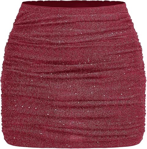 Oyoangle Women's Plus Size Sparkly Ruched Bodycon Mini Skirt مرنة مرنة عالية الخصر بريق تنانير قلم رصاص in Saudi Arabia