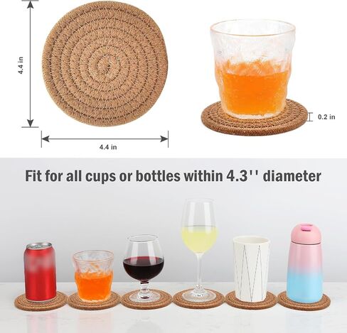 ABenkle Woven Coasters for Drinks Set of 6, Boho Absorbent Drinking Coaster, 4.3 Inch - Perfect Housewarming Gift, Home Decor, Bar Essentials for Coffee Table in Kuwait