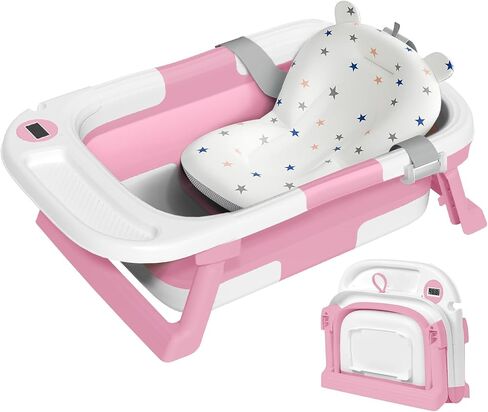 Collapsible Baby Bathtub for Newborn to Toddler, Portable Foldable Baby Bathtub with Soft Cushion and Water Thermometer,No-Slip Hanging Travel Baby Bathtub for Infants 0-36 Months,SalviaBlue in Saudi Arabia