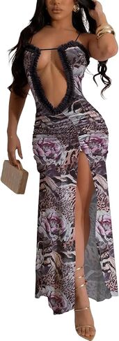 Uni Clau Women Sexy Mesh Sheer Maxi Dress Y2k See Through Low Cut Backless Bodycon Fitted High Slit Long Dress Party Dresses in Saudi Arabia