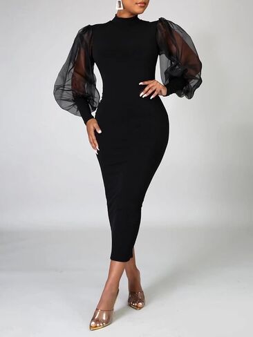 Ekaliy Women's See Through Bodycon Dress Sheer Mesh Long Puff Lantern Sleeve Dress Sexy Club Party Midi Dress Clubwear in Saudi Arabia
