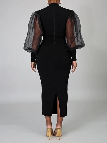 Ekaliy Women's See Through Bodycon Dress Sheer Mesh Long Puff Lantern Sleeve Dress Sexy Club Party Midi Dress Clubwear in Saudi Arabia