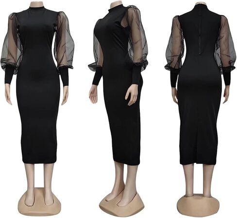 Ekaliy Women's See Through Bodycon Dress Sheer Mesh Long Puff Lantern Sleeve Dress Sexy Club Party Midi Dress Clubwear in Saudi Arabia