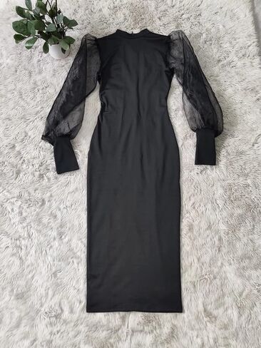 Ekaliy Women's See Through Bodycon Dress Sheer Mesh Long Puff Lantern Sleeve Dress Sexy Club Party Midi Dress Clubwear in Saudi Arabia