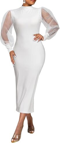 Ekaliy Women's See Through Bodycon Dress Sheer Mesh Long Puff Lantern Sleeve Dress Sexy Club Party Midi Dress Clubwear in Saudi Arabia