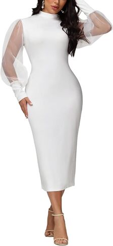 Ekaliy Women's See Through Bodycon Dress Sheer Mesh Long Puff Lantern Sleeve Dress Sexy Club Party Midi Dress Clubwear in Saudi Arabia