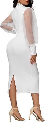 Ekaliy Women's See Through Bodycon Dress Sheer Mesh Long Puff Lantern Sleeve Dress Sexy Club Party Midi Dress Clubwear in Saudi Arabia