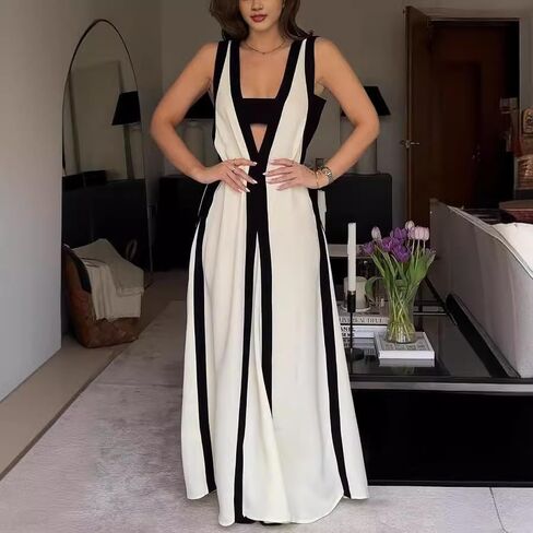 Women's 2025 Summer Sexy Maxi Dress Sleeveless V Neck Color Contrast Hollow Swing Cocktail Party Holiday Dresses in Kuwait